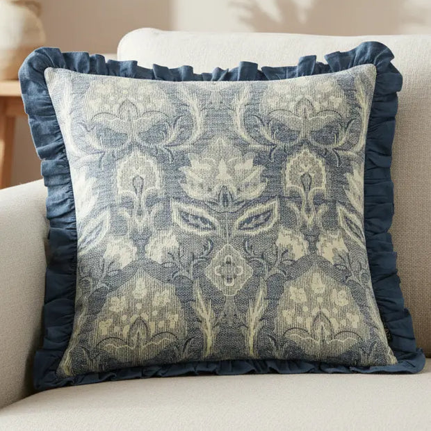 Blue Kirkton floral pleat fringe cushion cover from Riva Home, soft furnishings with floral design and textured pleats.