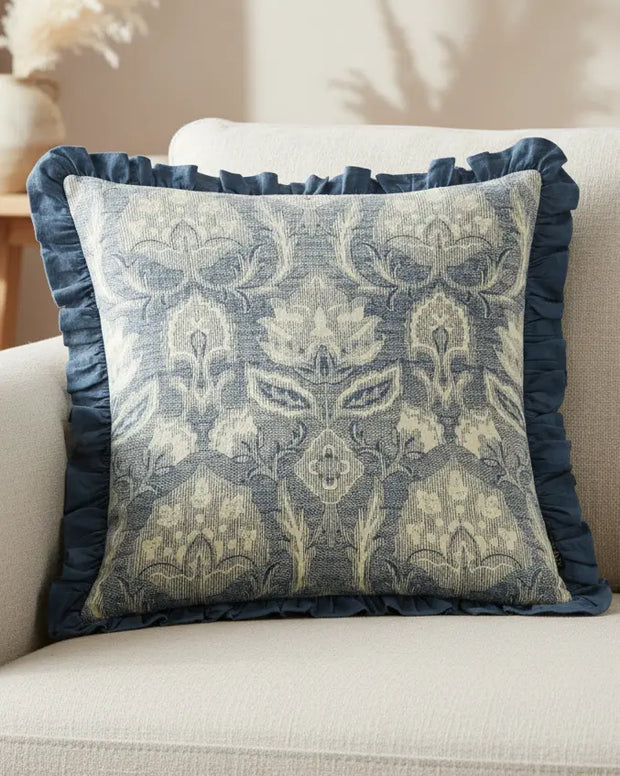Blue Kirkton floral pleat fringe cushion cover from Riva Home, soft furnishings with floral design and textured pleats.