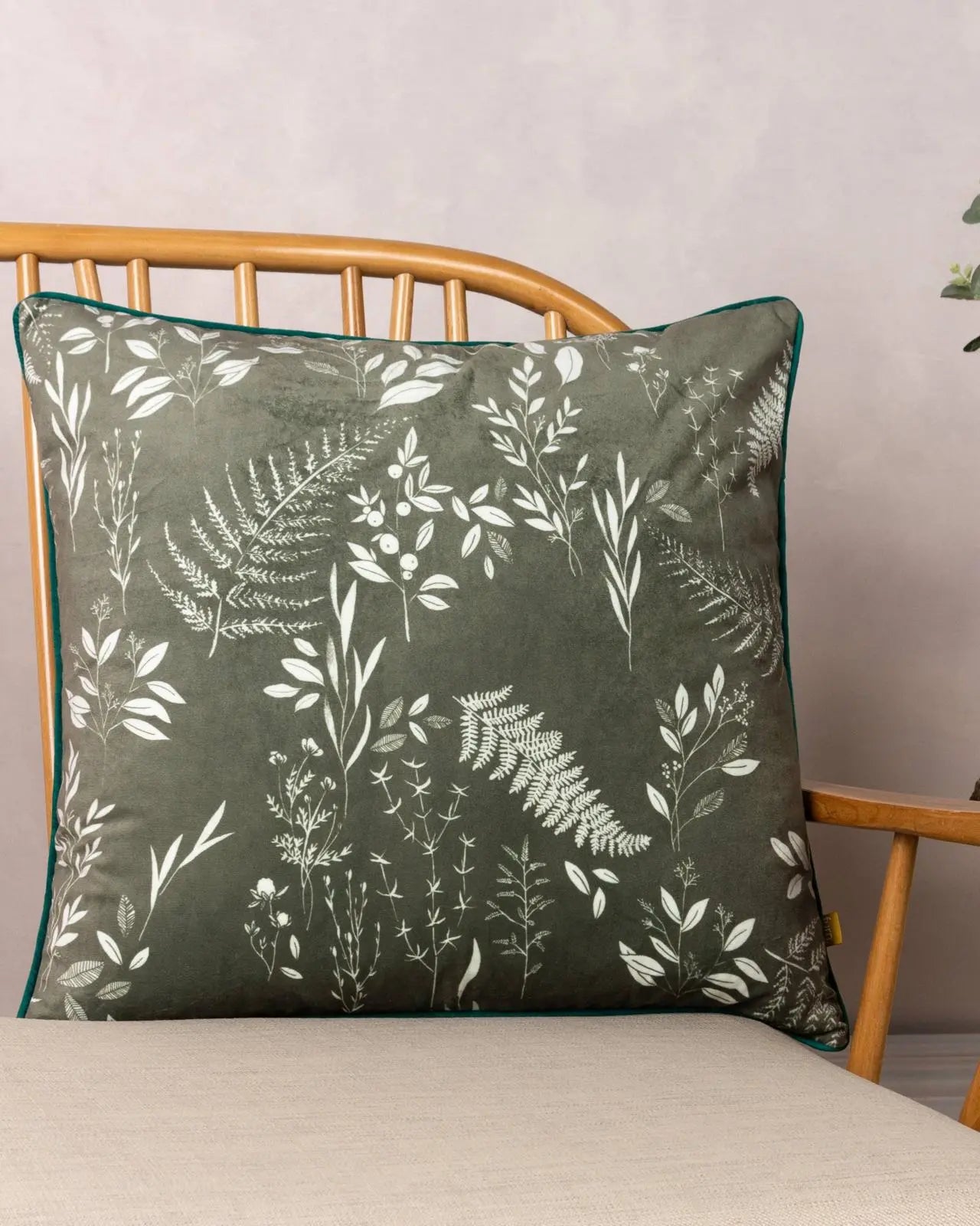 Olive green Fearne printed velvet cushion cover by Riva Home, soft furnishings with floral pattern and plush texture.