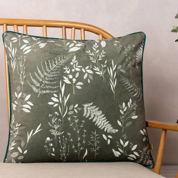 Olive green Fearne printed velvet cushion cover by Riva Home, soft furnishings with floral pattern and plush texture.
