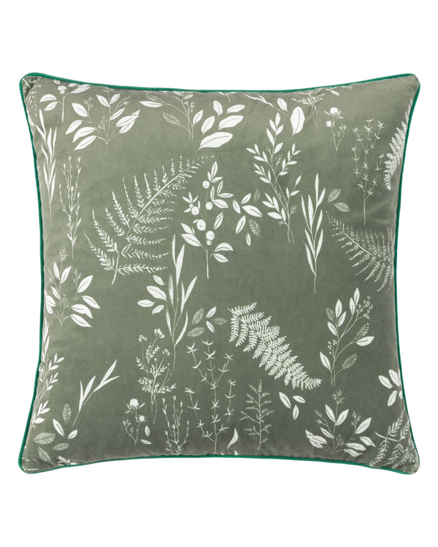 Olive green Fearne printed velvet cushion cover by Riva Home, showcasing soft furnishings with floral pattern and plush texture.
