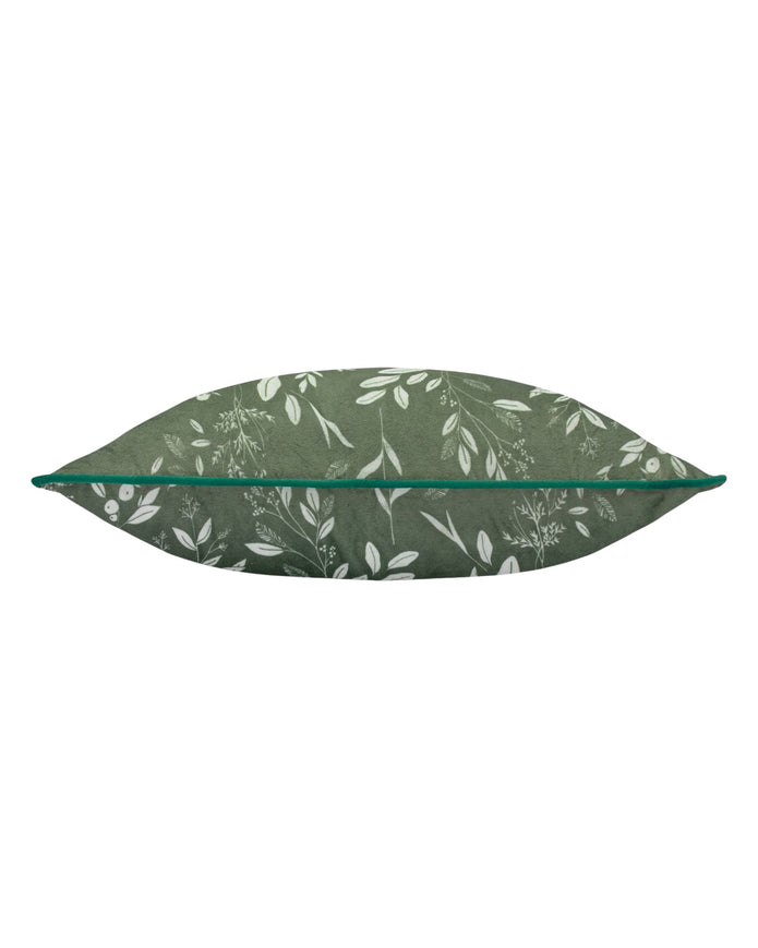 Olive green Fearne printed velvet cushion cover by Riva Home, soft furnishings with floral pattern and plush texture.