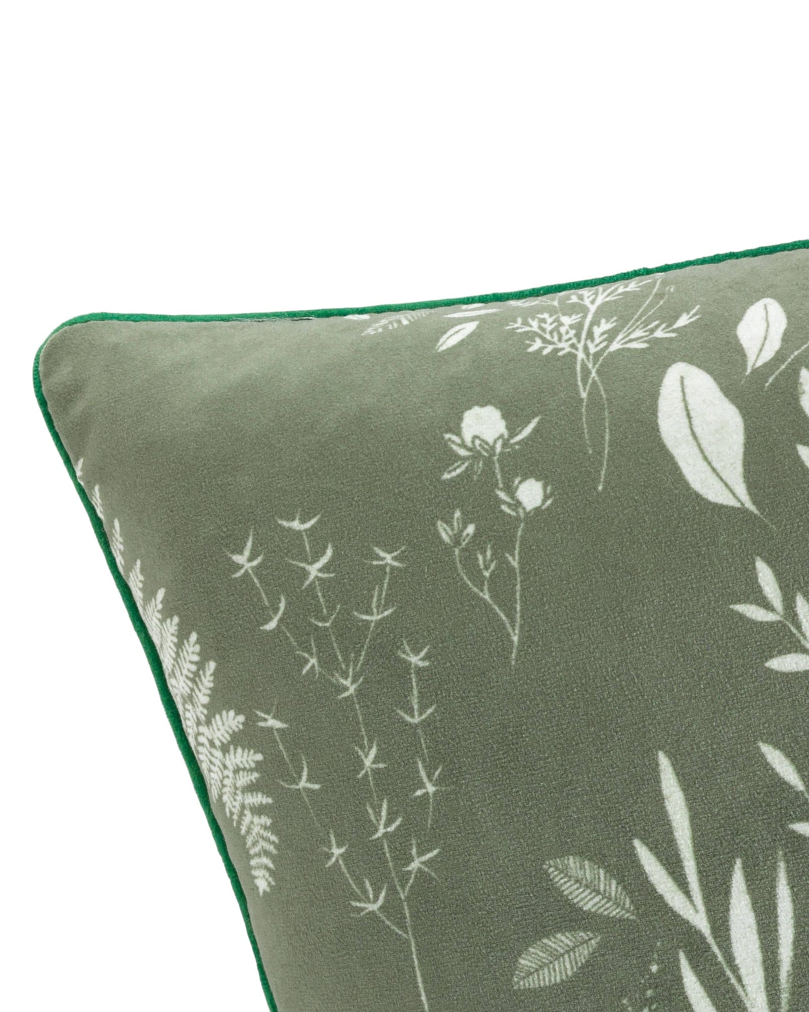 Olive green Fearne printed velvet cushion cover by Riva Home, showcasing soft furnishings with floral pattern and textured fabric.