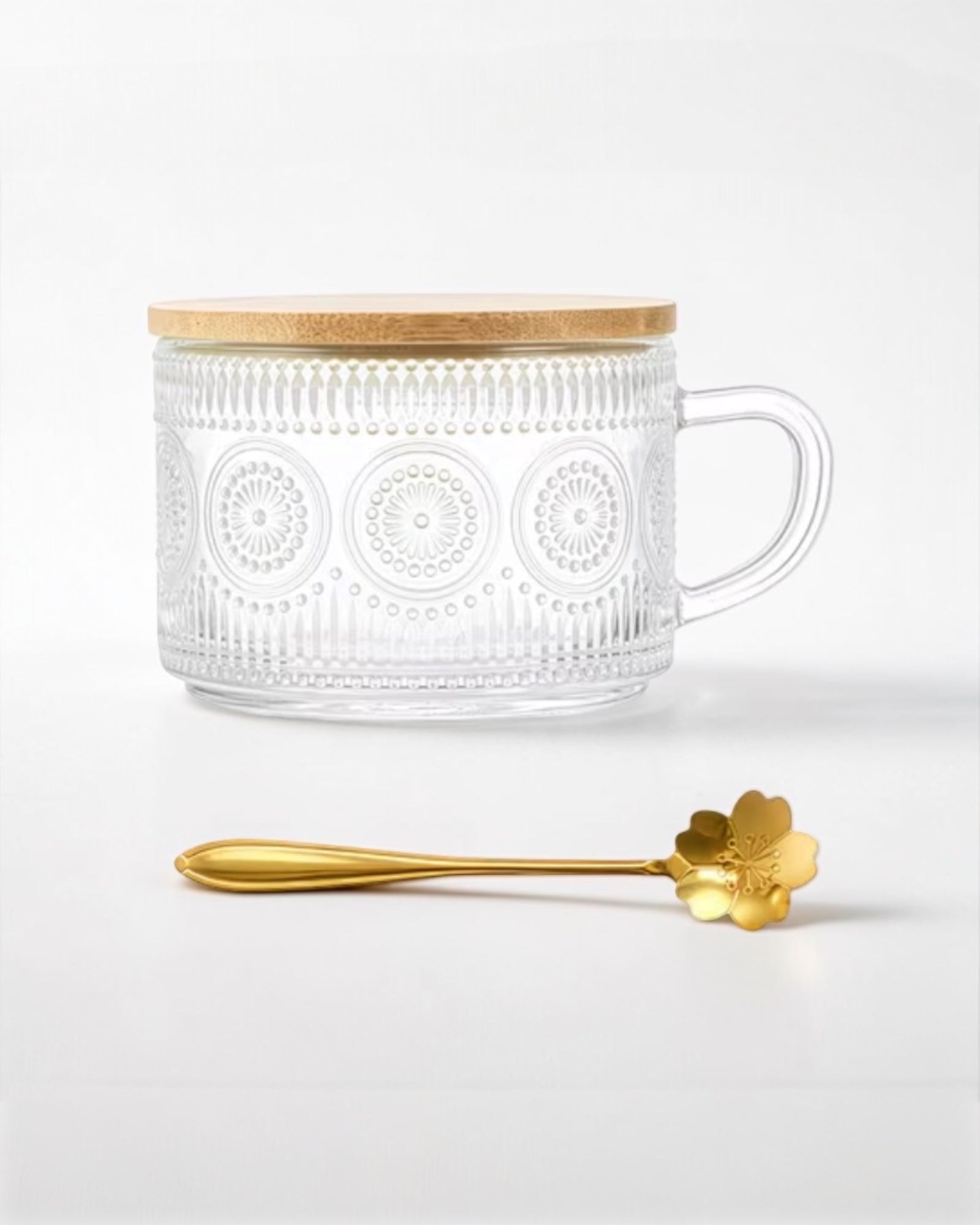 Starlight Express glass breakfast coffee mug with attached spoon, clear design, suitable for kitchen and dining use