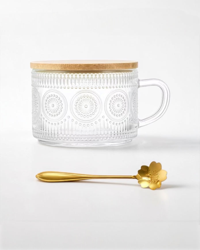 Starlight Express glass breakfast coffee mug with attached spoon, clear design, suitable for kitchen and dining use
