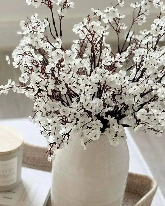 Artificial white and brown Gypsophila stem from Starlight Express, showcasing delicate blossoms and realistic foliage.