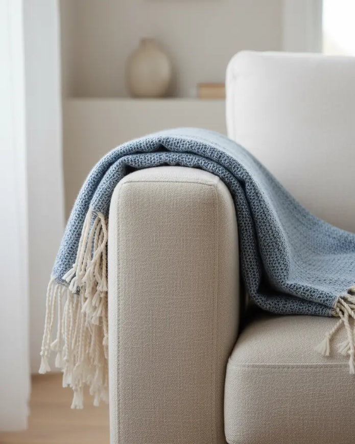 Blue and neutral diamond stitch hammam-style throw blanket from Starlight Express, soft and textured for cozy home decor.