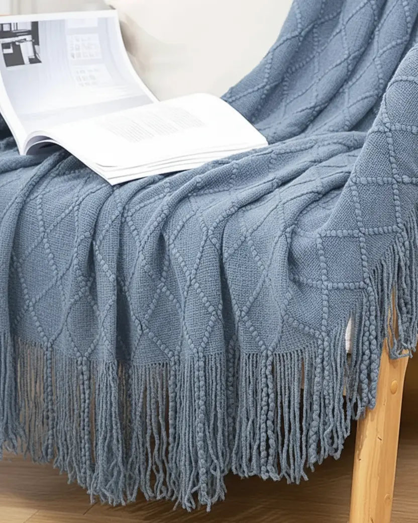 Ocean blue diamond pattern knitted throw blanket by Starlight Express, soft furnishings with cozy, textured knit design.
