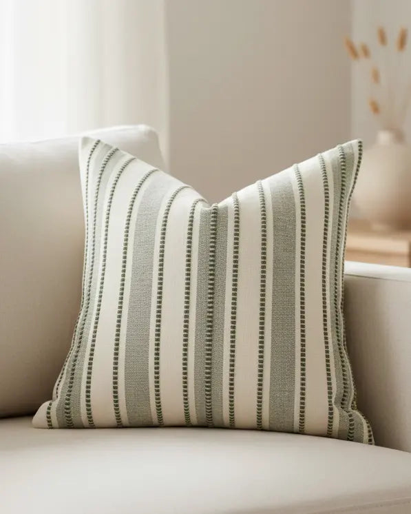 Olive green stitch stripe cushion cover from Starlight Express, soft furnishings with textured fabric and decorative stitch details.