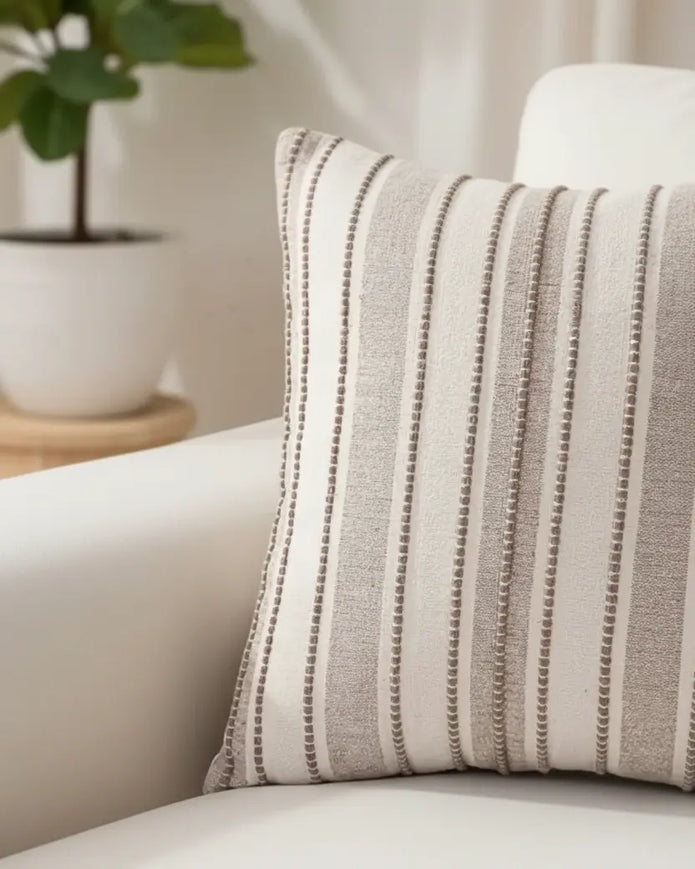 Beige stitch stripe cushion cover from Starlight Express, soft furnishings accessory with sewn stripe pattern and textured fabric.
