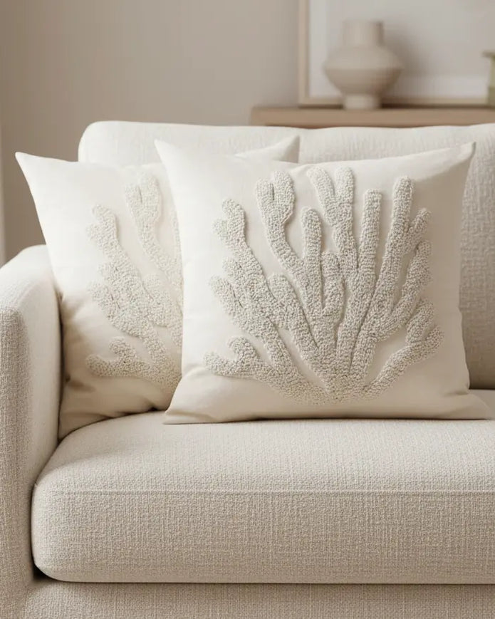 Neutral embroidered coral cushion cover from Starlight Express, showcasing soft furnishings with intricate coral embroidery.