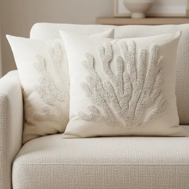 Neutral embroidered coral cushion cover from Starlight Express, showcasing soft furnishings with intricate coral embroidery.