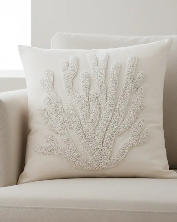 Neutral embroidered coral cushion cover from Starlight Express, featuring soft furnishings with intricate coral embroidery.