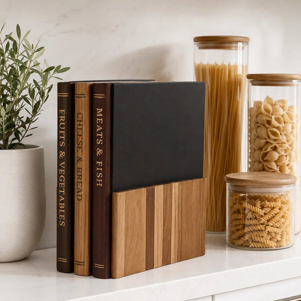 Starlight Express wooden chopping board book set with stand for kitchen and dining use, featuring multiple cutting boards and a display stand.