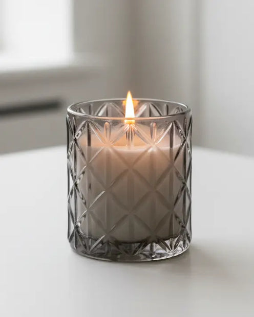 Smokey black large diamond glass candle by Candlelight Products Ltd with Woodsage and Sea Salt scent, in a decorative glass container