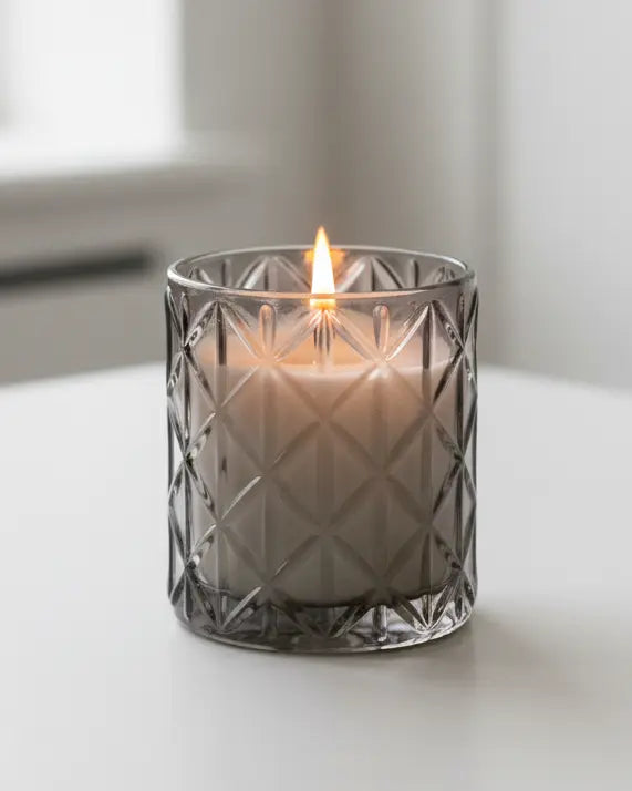 Smokey black large diamond glass candle by Candlelight Products Ltd with Woodsage and Sea Salt scent, in a decorative glass container