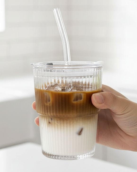 Starlight Express ribbed glass travel coffee mug in short size, featuring a clear glass body with a ribbed texture for grip.