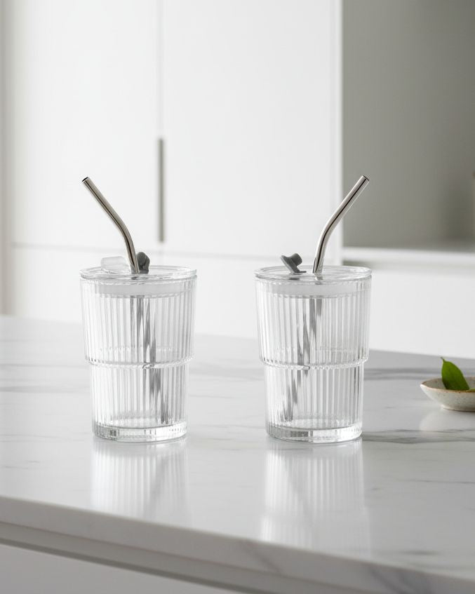 Ribbed glass travel coffee mug by Starlight Express, short size, with a clear ribbed design for kitchen and dining use.