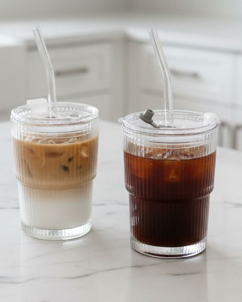 Starlight Express ribbed glass travel coffee mug, short size, with a clear glass body and ribbed design for kitchen and dining use.