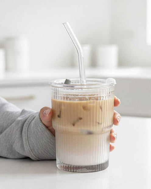 Starlight Express ribbed glass travel coffee mug in short size, featuring a sleek, textured design for on-the-go use in kitchen and dining.