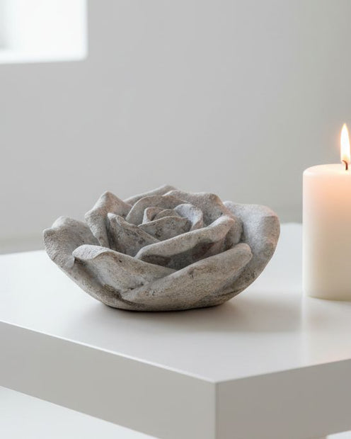 Stone ornamental rose decor for home, featuring a detailed sculpted rose made by Candlelight Products Ltd.
