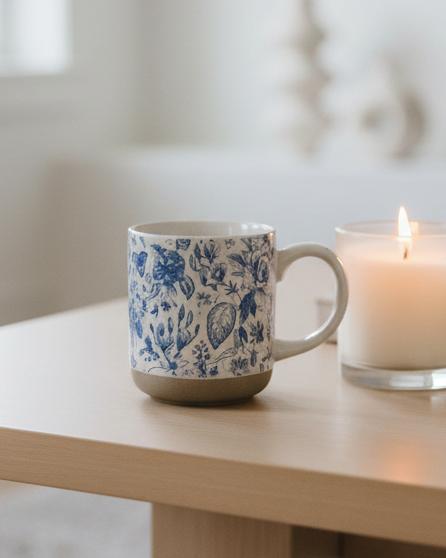 Blue Delft stoneware coffee mug by Sweet Water Decor with intricate blue and white floral patterns on a ceramic mug.