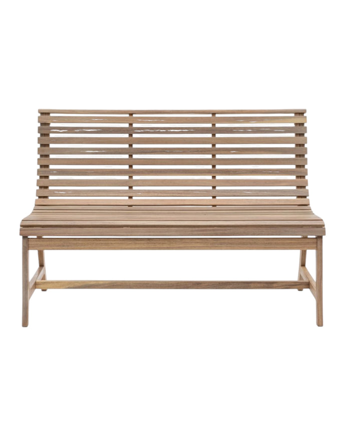 Kalamata wooden outdoor bench from Gallery Direct, garden furniture with a sturdy design and natural wood finish.