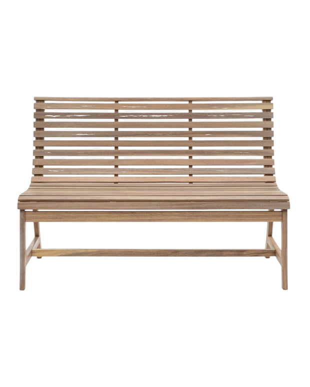Kalamata wooden outdoor bench from Gallery Direct, garden furniture with a sturdy design and natural wood finish.