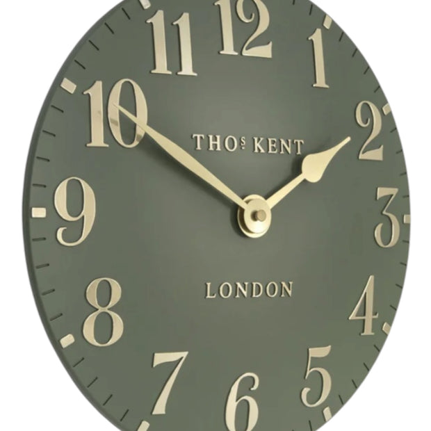 Thomas Kent 12-inch Arabic wall clock in lichen green with black numerals, stylish home decor clock by Gallery Direct.