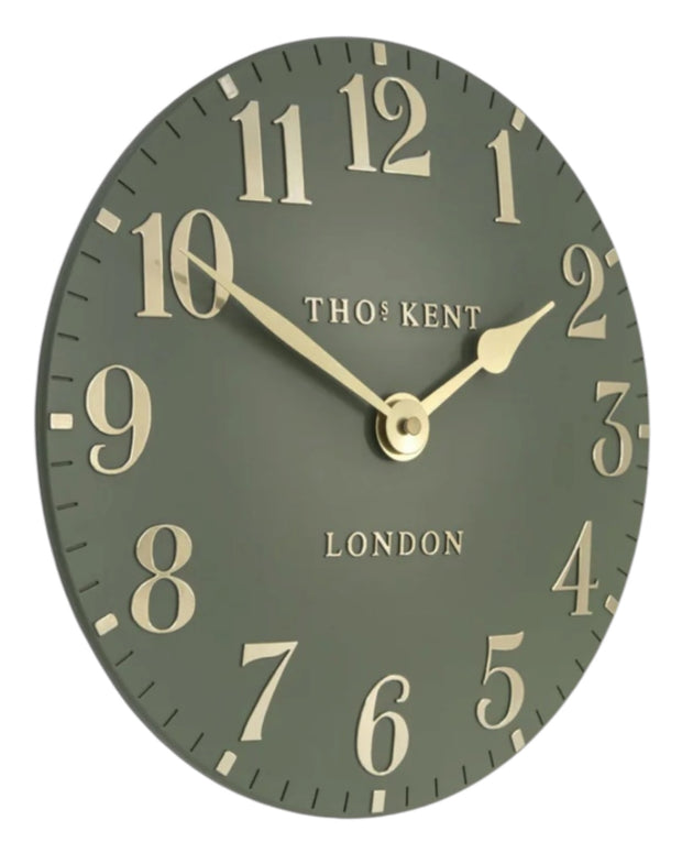 Thomas Kent 12-inch Arabic wall clock in lichen green with black numerals, stylish home decor clock by Gallery Direct.