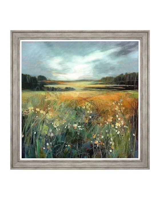 Framed painting of a landscape with a field, sky, and trees.