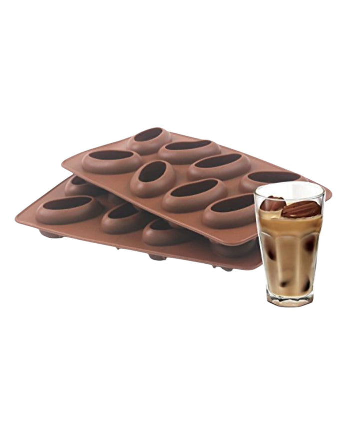 Starlight Express coffee bean-shaped ice mold for kitchen and dining, clear silicone with multiple ice cavities, ready for freezing.