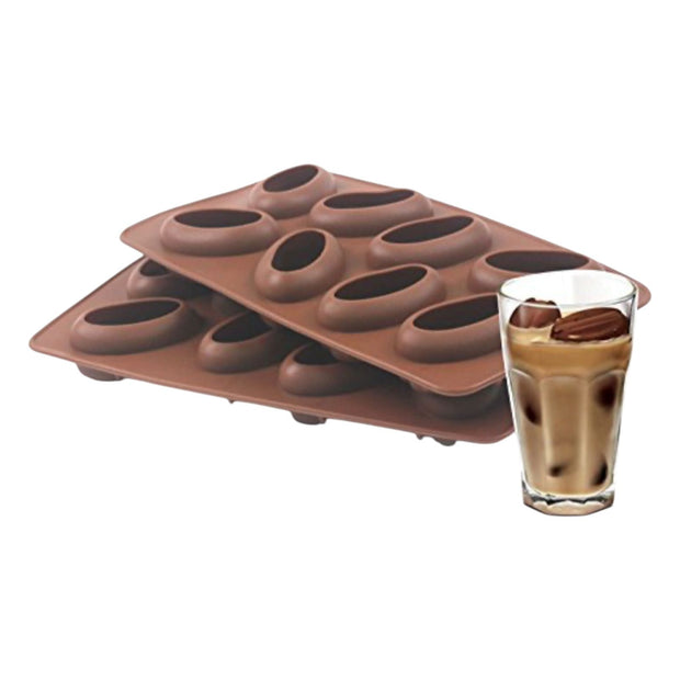 Starlight Express coffee bean-shaped ice mold for kitchen and dining, clear silicone with multiple ice cavities, ready for freezing.