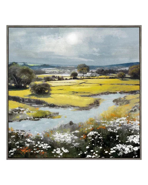 Framed painting of a landscape with fields, trees, and a river.