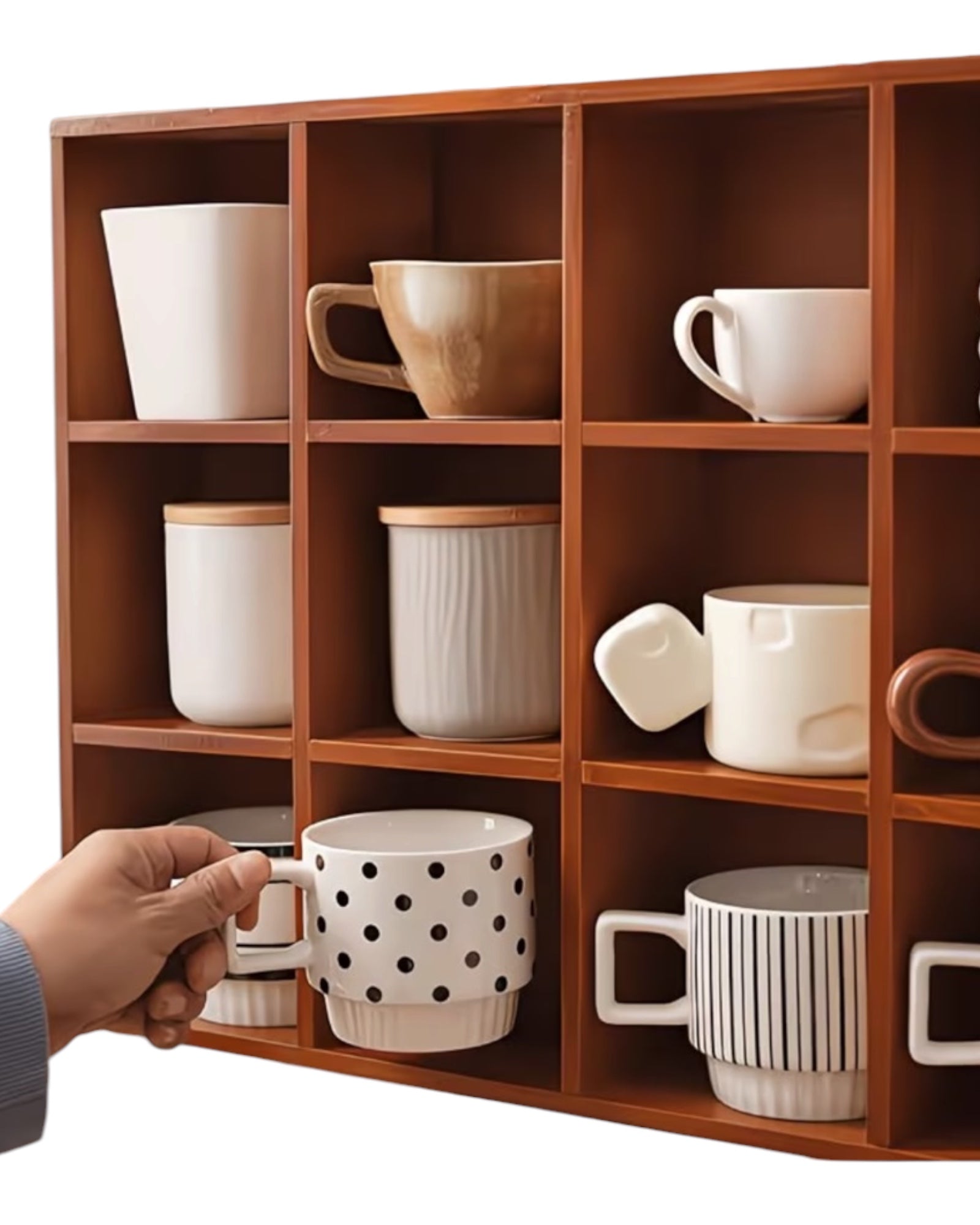 Dark wooden mug display shelf unit for kitchen and dining, showcasing space for coffee mugs and kitchen decor.