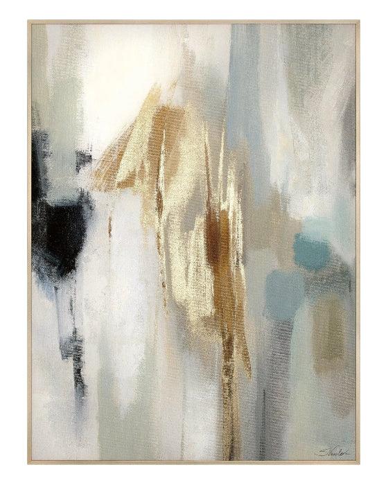 Abstract art painting with gold, black, and blue brush strokes in a wooden frame.