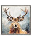 Framed artwork of a deer with large antlers against a snowy background