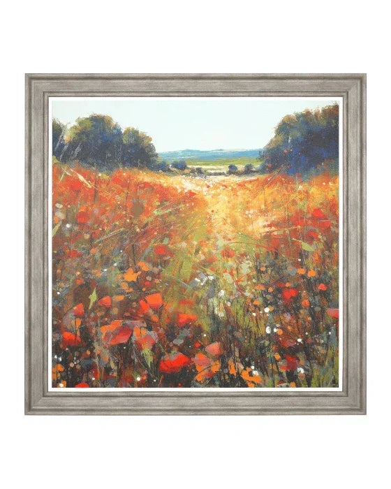 Framed painting of a field with red flowers and trees on a white background