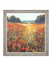 Framed painting of a field with red flowers and trees on a white background