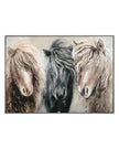 Artistic depiction of three horses with a neutral background