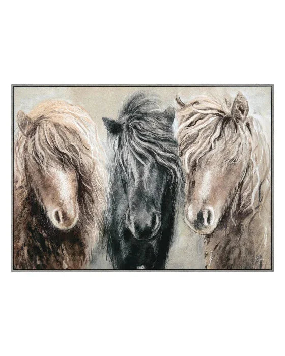 Artistic depiction of three horses with a neutral background