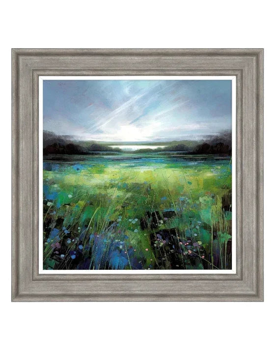 Framed painting of a landscape with grass and water
