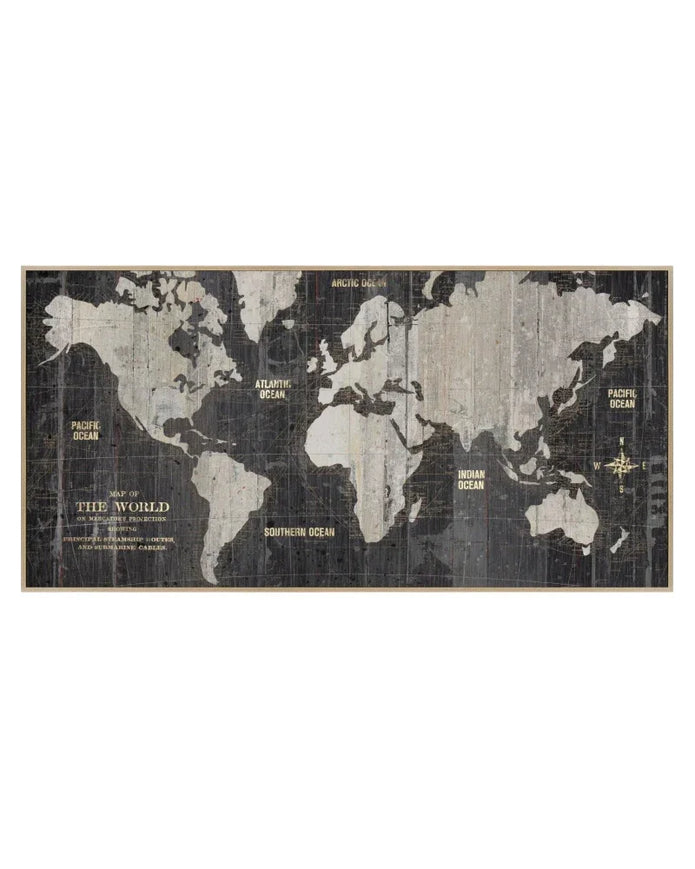 World map poster with a black frame on a white background