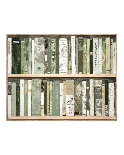 Bookshelf with books arranged in a decorative pattern on a white background