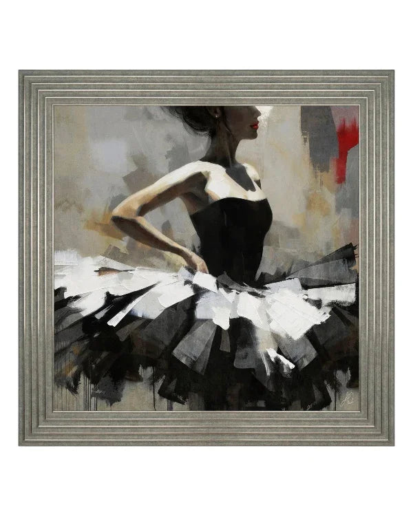 Framed painting of a ballerina in a black and white tutu.