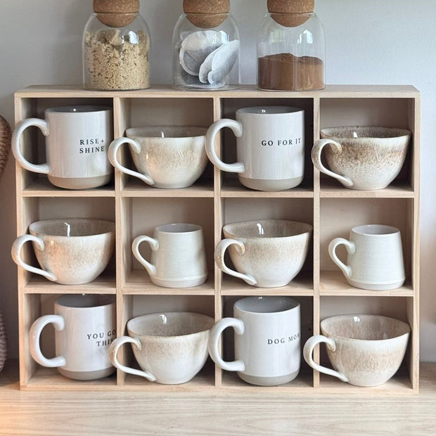 Wooden mug display shelf unit by Starlight Express, showcasing kitchen and dining organization for mugs and cups.