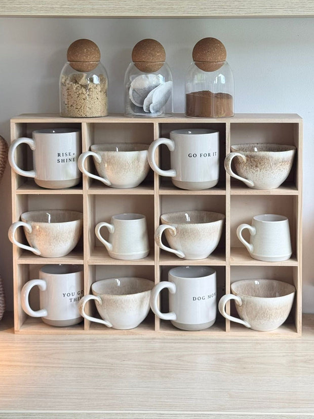 Wooden mug display shelf unit by Starlight Express, showcasing kitchen and dining organization for mugs and cups.