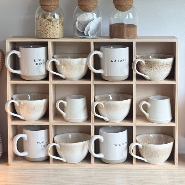 Wooden mug display shelf unit by Starlight Express, showcasing kitchen and dining organization for mugs and cups.