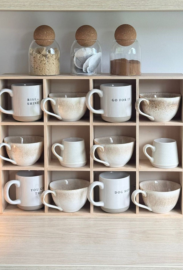 Wooden mug display shelf unit by Starlight Express, showcasing kitchen and dining organization for mugs and cups.