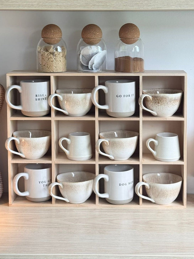 Wooden mug display shelf unit by Starlight Express, showcasing kitchen and dining organization for mugs and cups.